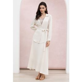 Beaded Mesh Insert Tie-Waist Shirt and Maxi Skirt Set in Ivory for Vacation Days & Beachside Lunches | Chicwish