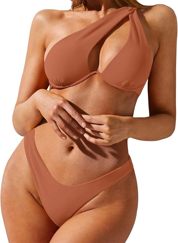 ZAFUL Women's Sexy Cutout One Shoulder Bikini Underwire Padded Two Piece Bathing Suit Cheeky Thon... | Amazon (US)