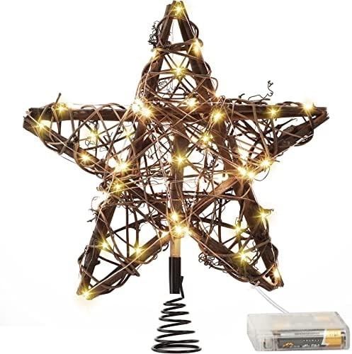 Star Tree Toppers Christmas Decorations Indoor Natural Brown Rattan Star Christmas Tree Topper Li... | Amazon (US)