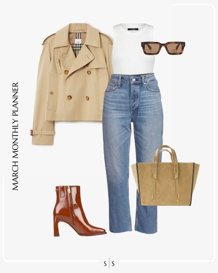 Monthly outfit planner: MARCH: Winter to Spring transitional looks | cropped trench coat, high neck white tank, straight crop jean, patent ankle boot, suede tote, sunglassess

See the entire calendar on thesarahstories.com ✨ 

#LTKstyletip