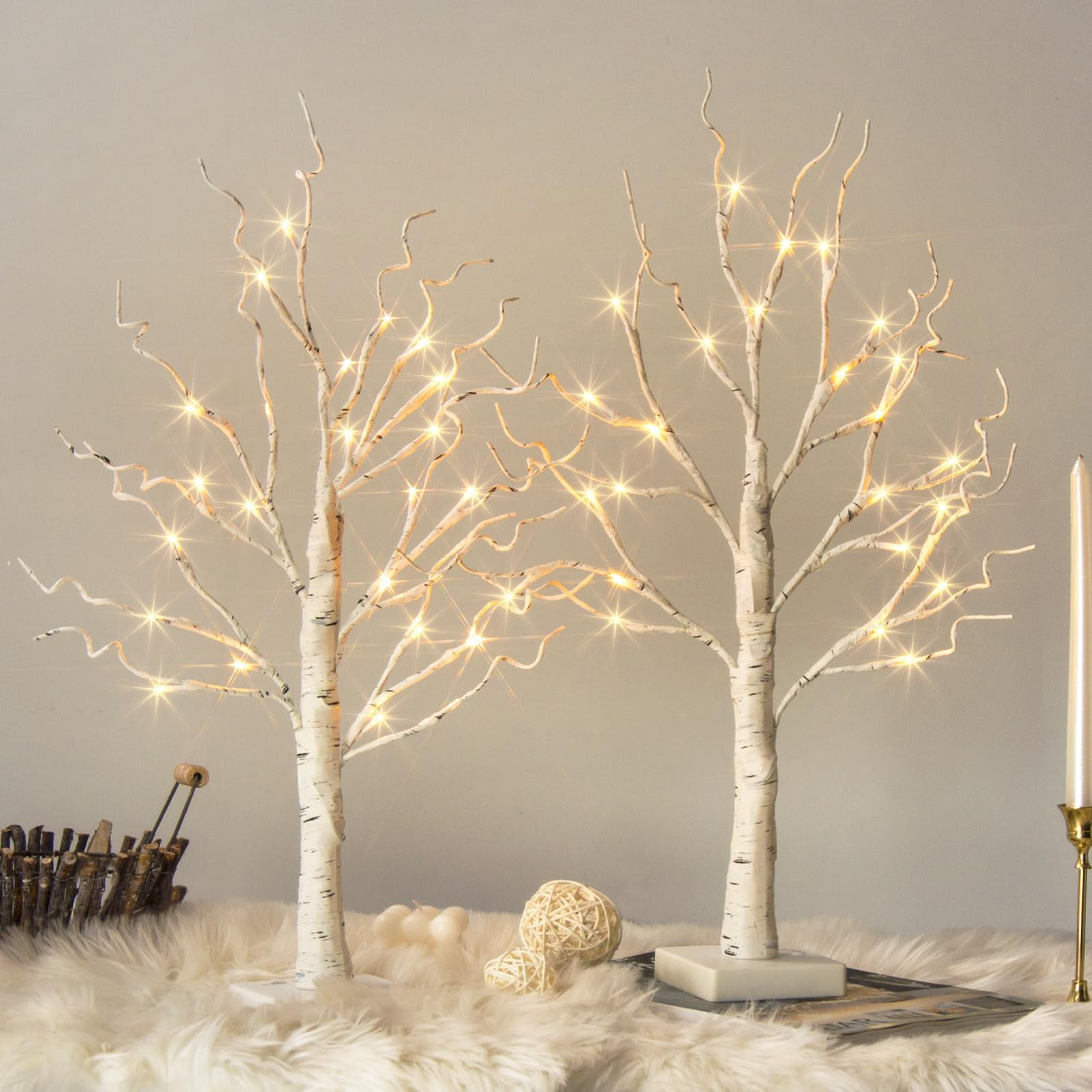 Vanthylit White Birch Tree with LED Lights - Set of 2, Tabletop Tree with Timer, Christmas Decora... | Amazon (US)