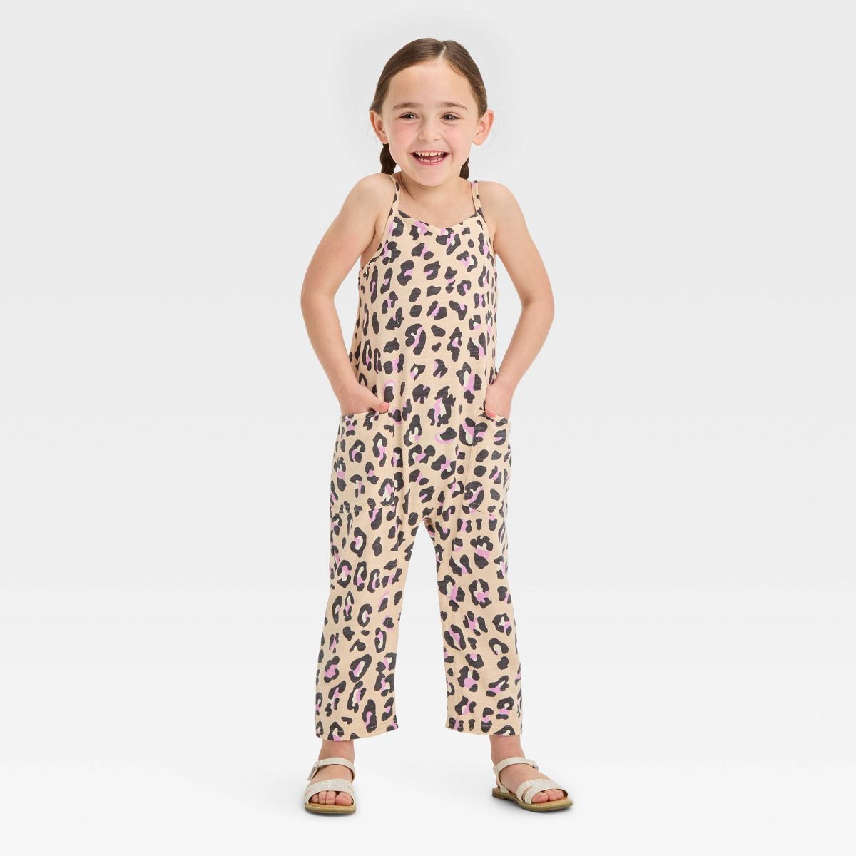 Grayson Mini Toddler Girls' French Terry Knit Leopard Printed Jumpsuit - Beige 12M | Target