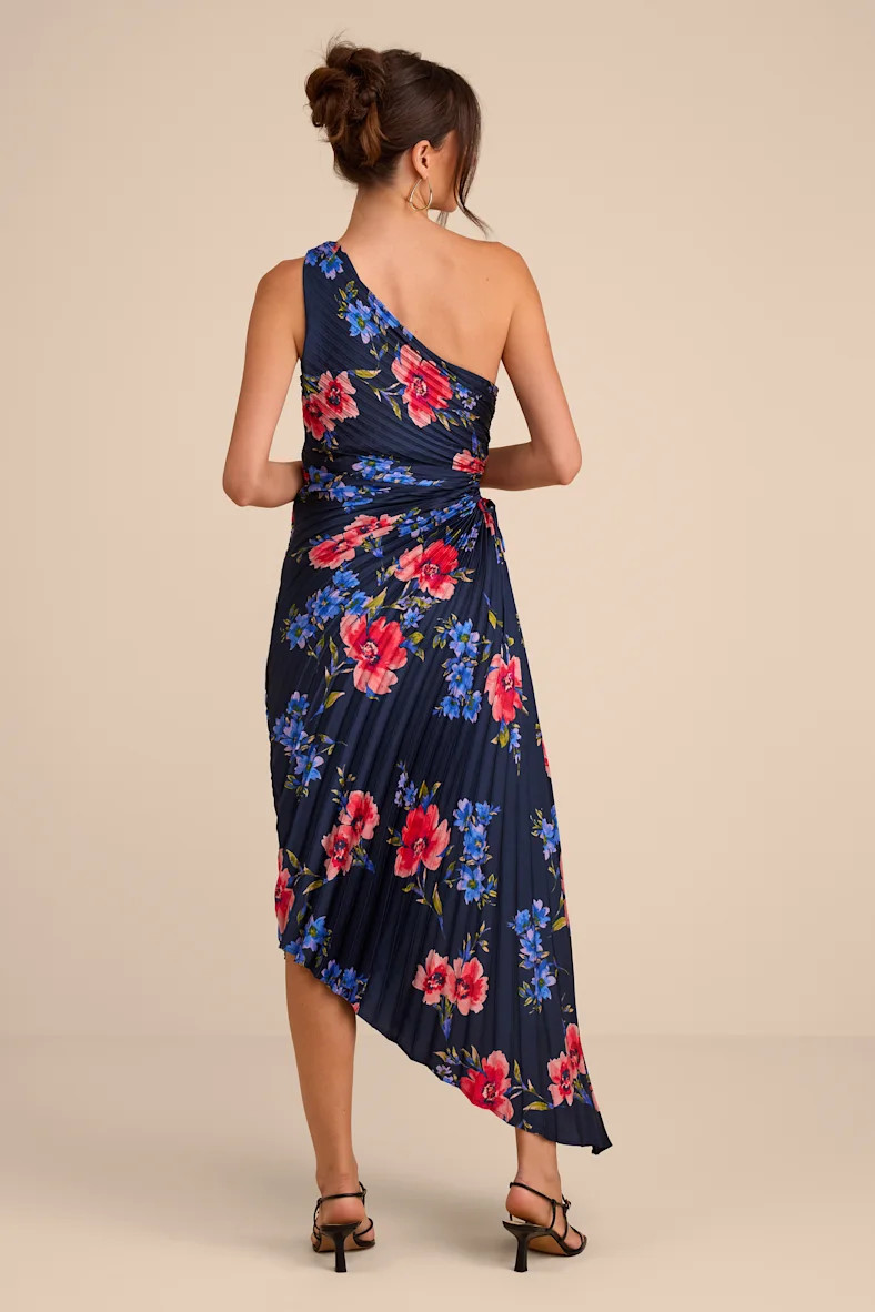 Mariella Navy Multi Floral Satin Pleated Midi Dress | Lulus