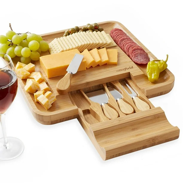 Casafield Organic Bamboo Cheese Cutting Board & Knife Gift Set - Wooden Serving Tray for Charcute... | Walmart (US)