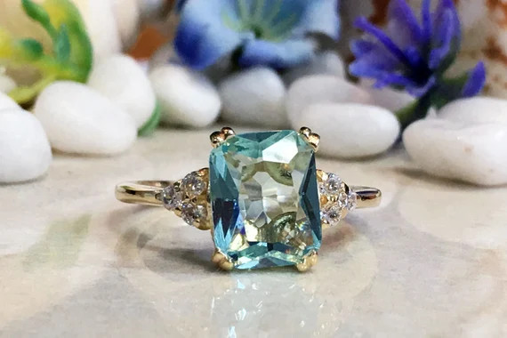 Aquamarine Ring - March Birthstone - Statement Ring - Gold Ring - Engagement Ring - Rectangle Rin... | Etsy (US)