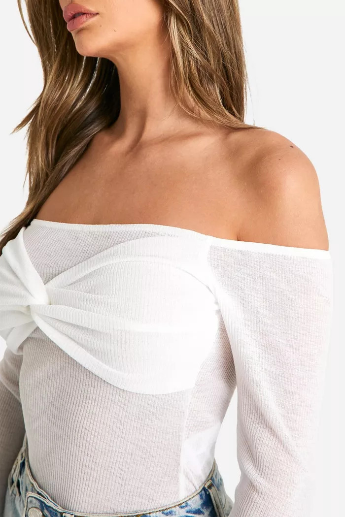 Ribbed Off The Shoulder Twist Front Top | boohoo (US & Canada)