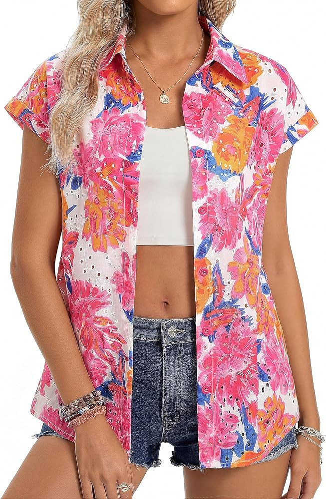 GRACE KARIN Floral Eyelet Spring Summer Tops for Women,2026 V Neck Dressy Casual Shirts,Boho Butt... | Amazon (US)