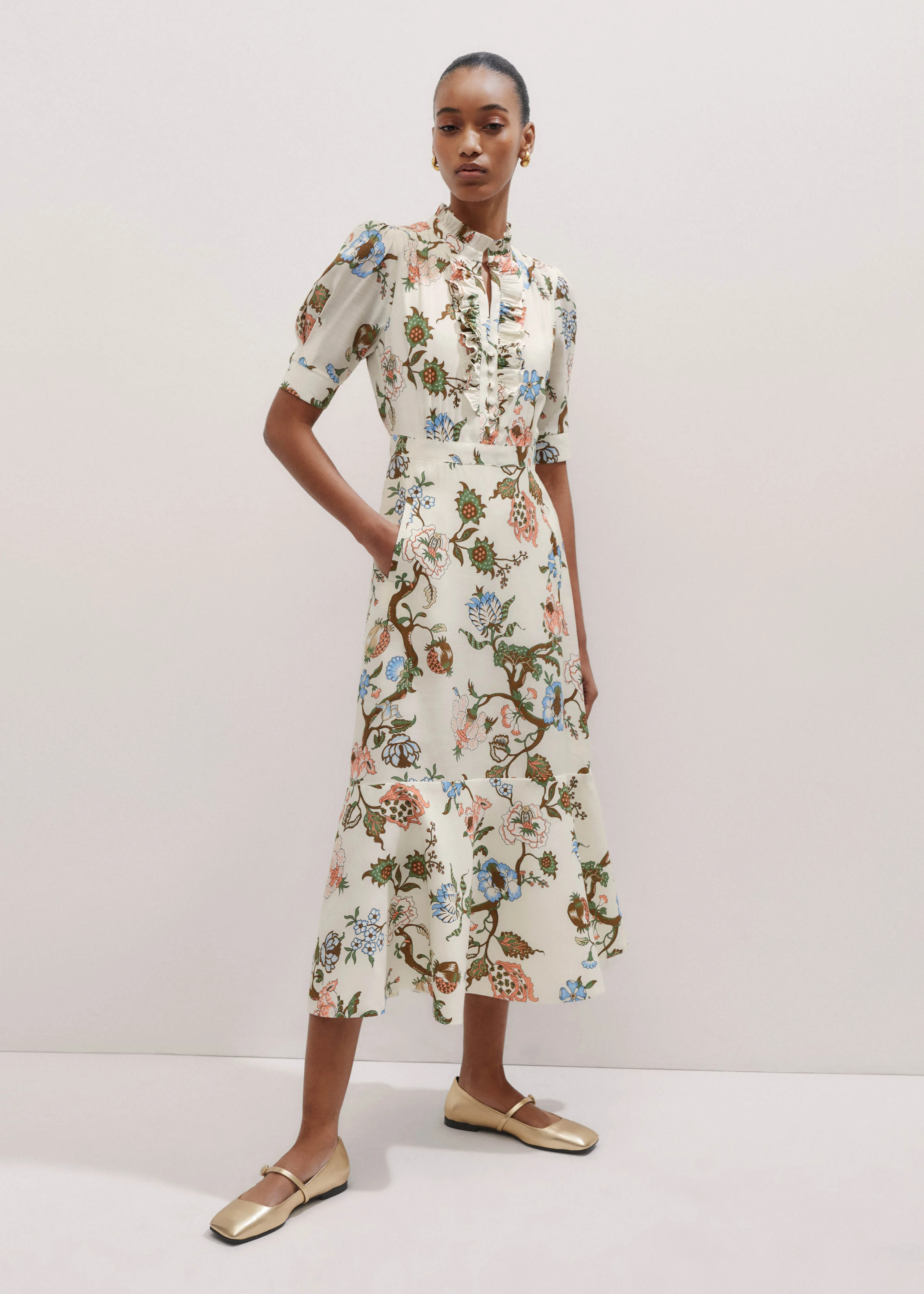 Women's Cream Floral Garden Print Midi Dress | ME+EM | ME+EM Global (Excluding US)