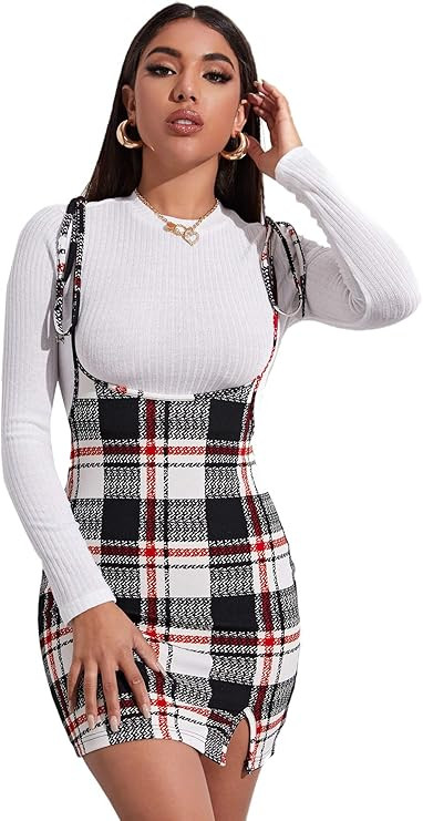 Floerns Women's Plaid Suspender Skirt Tie Shoulder Split Hem Overall Bodycon Mini Dress | Amazon (US)