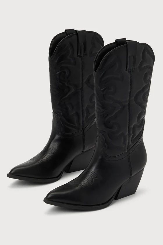 Anisa Black Pointed-Toe Mid-Calf Western Boots | Lulus (US)