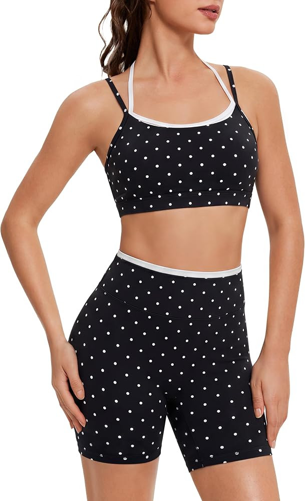 OMKAGI Workout Sets for Women Cute Doubel Layer Open Back Sports Bras Gym Shorts Outfits | Amazon (US)