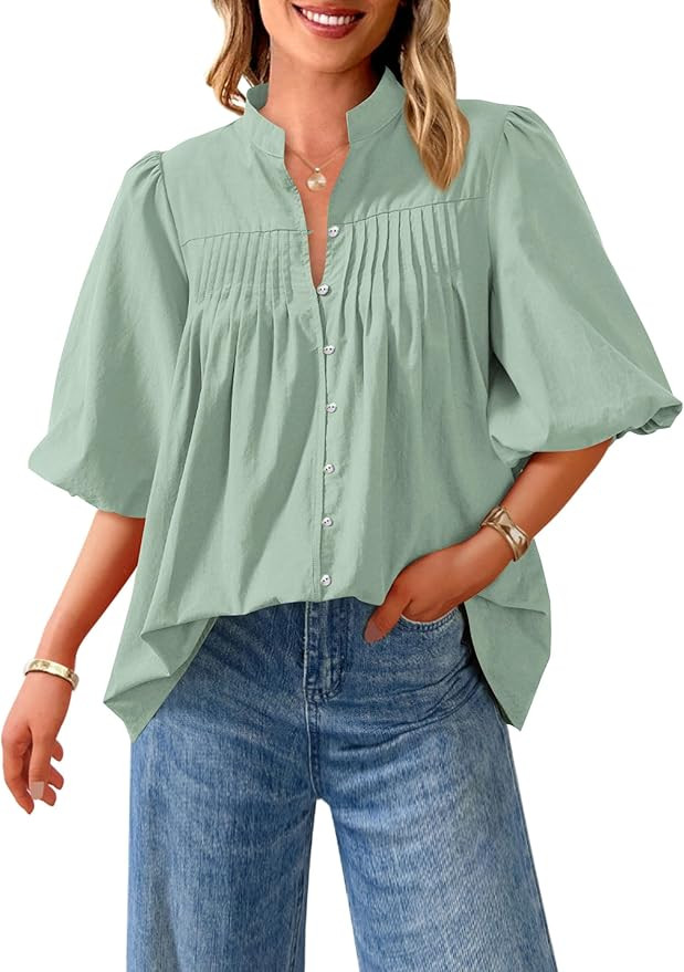 PRETTYGARDEN Women's 2026 Summer Short Lantern Sleeve Tops Loose Fit Button Down Shirt Pleated V ... | Amazon (US)