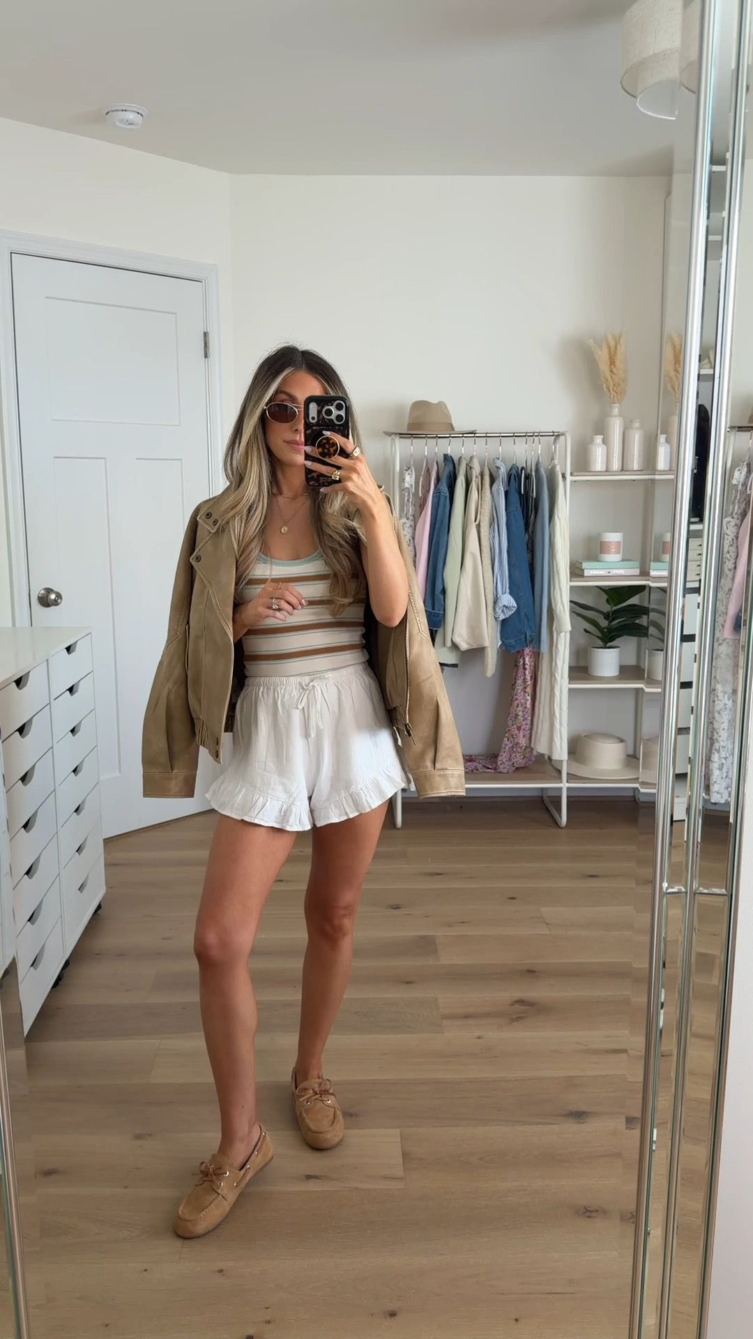 casual spring outfit idea 
+ jacket: xxs 
+ tank top: xs 
+ ruffle white shorts: xxs
+ sandals: true to size 

#LTKSeasonal #LTKootd #LTKSaleAlert