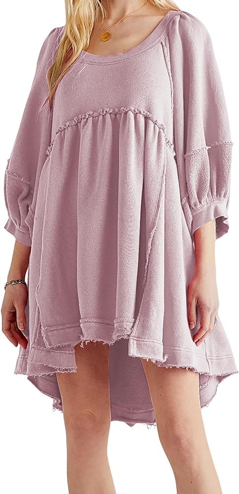SAFRISIOR Women Oversized Pullover Sweatshirt Dress Scoop Neck Raglan Lantern Sleeve High Low Bac... | Amazon (US)