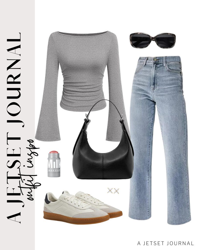 Our next outfit is a gray long-sleeve boat-neck top and KDF jeans. It goes perfectly with Cole Haan Grandpro Breakaway sneakers and a crescent shoulder bag. Don’t forget these PAVOI stud earrings.

#LTKSeasonal #LTKSaleAlert #LTKTravel
 

 