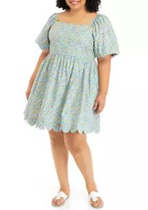 Plus Size Multi Color Short Puff Sleeve Scallop Mini Dress | Belk