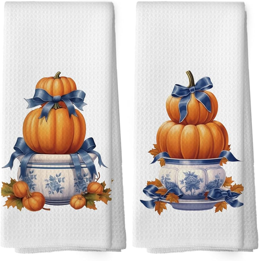Chinoiserie Fall Kitchen Towels Set of 2, Autumn Pumpkins Hand Towels for Kitchen Bathroom, Blue ... | Amazon (US)