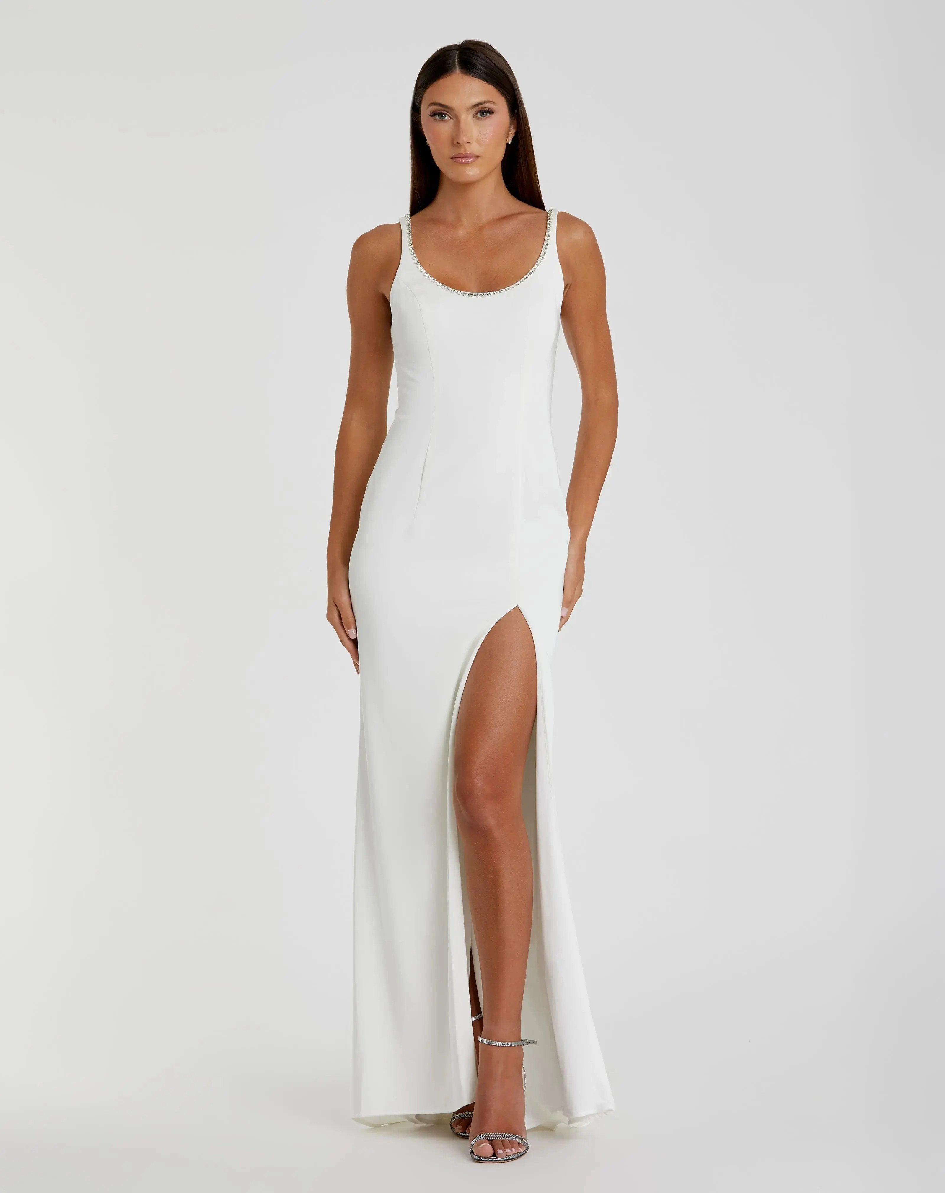 White Sleeveless Crystal Scoop Neckline Column Gown with High Slit - | Mac Duggal