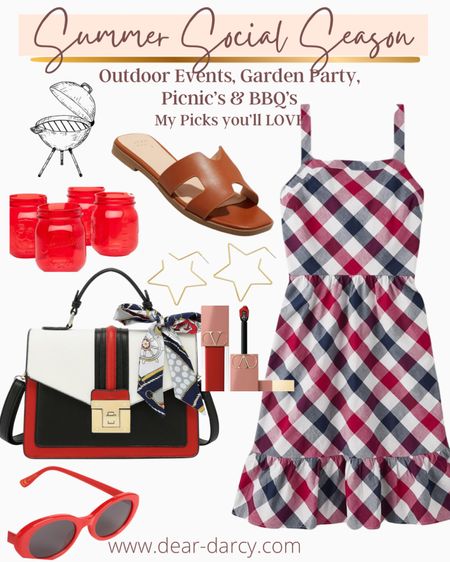 Summer Social Season 

Bbq #ootd Memorial Weekend or 4th of July this outfit is so cute and affordable.

This is a look you’ll wear all summer❤️🤍💙

Masion jar drinking glasses perfect for BbQs

Red and blue plaid dress under $40

A darling red and navy purse 
Under $50

Red sunglasses Madewell 

Valentino red lip 

Gold Star earrings under $15



#LTKItBag #LTKStyleTip #LTKFindsUnder50