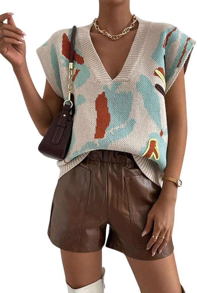 chouyatou Women's Color Block Floral Print Sleeveless Sweater Vest Vintage Contrast Trim Vest Tan... | Amazon (US)