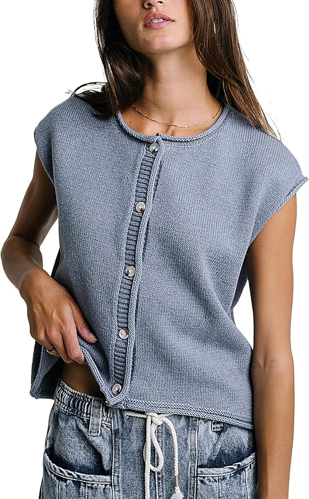 Women’s Knit Vest Cardigan Sleeveless Button Front Crewneck Casual Lightweight Layering Top | Amazon (US)