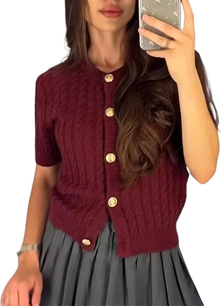 Cable Knit Short Sleeve Cardigans for Women Vintage Button Down Sweaters Casual Going Out Tops | Amazon (US)