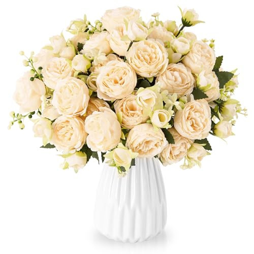 YOUNGLEAVES Champagne Peonies Artificial Flowers 6 Pcs Fake Real Touch Peonies Silk Flowers Peonies Faux Flowers Bouquet for Centerpiece Table Floral Arrangement Wedding Party Home Indoor Decor | Amazon (US)
