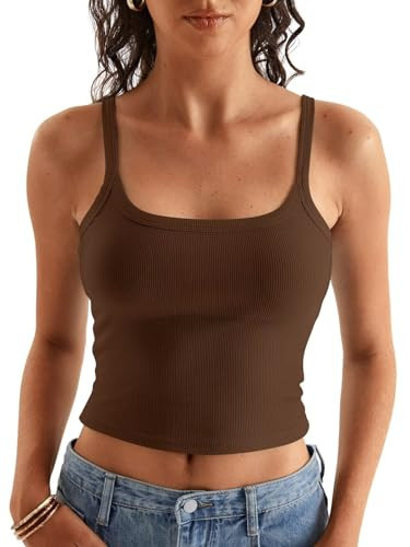 Women Spaghetti Strap Crop Tops Summer Ribbed Tank Tops Scoop Neck Camisole Sleeveless Slim Fit Cami 2024 Brown | Amazon (US)