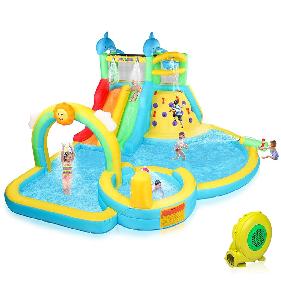 (2025 New) JOYMOR Inflatable Water Slide Bounce House w/Water Bucket, Climbing Wall, Pool, Rainbo... | Amazon (US)