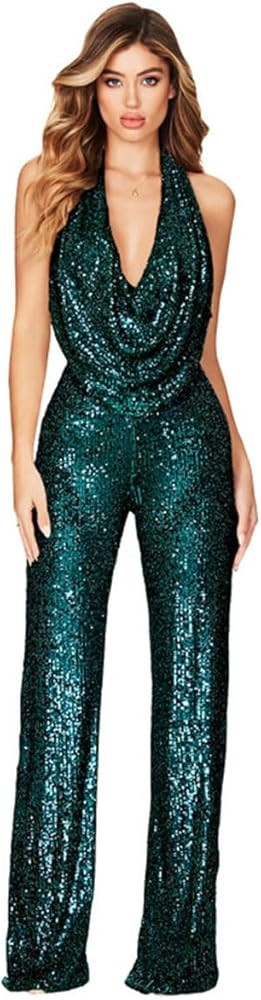 Aelidiya Sequin Jumpsuits Halter Cowl Neck Backless Romper Shiny Overalls Pants | Amazon (US)