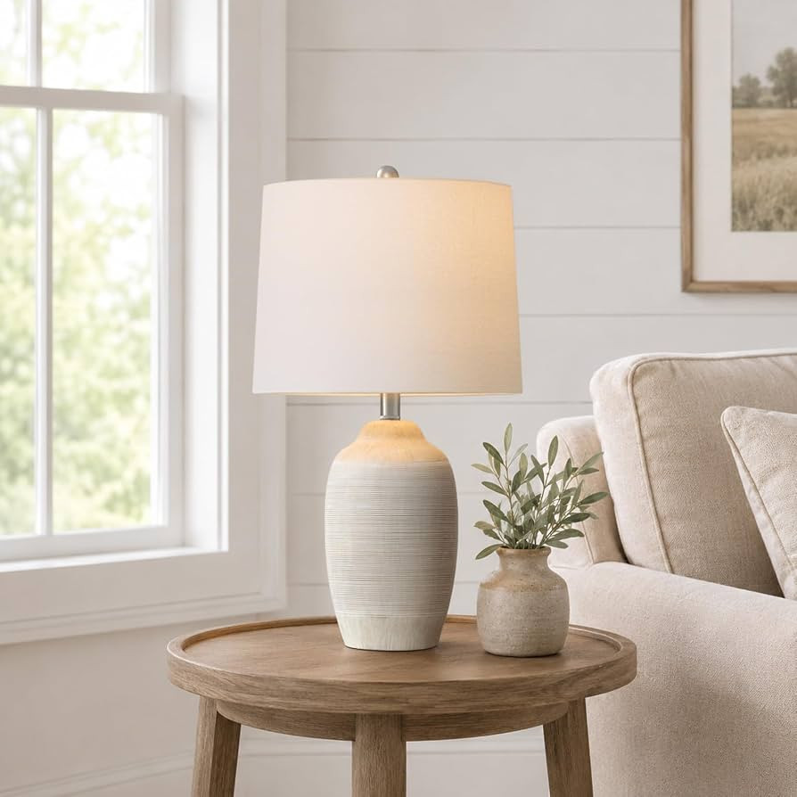 24.5" Rustic Ceramic Table Lamp with Pre-Assembled Linen Shade, Single Vintage Farmhouse Bedside ... | Amazon (US)