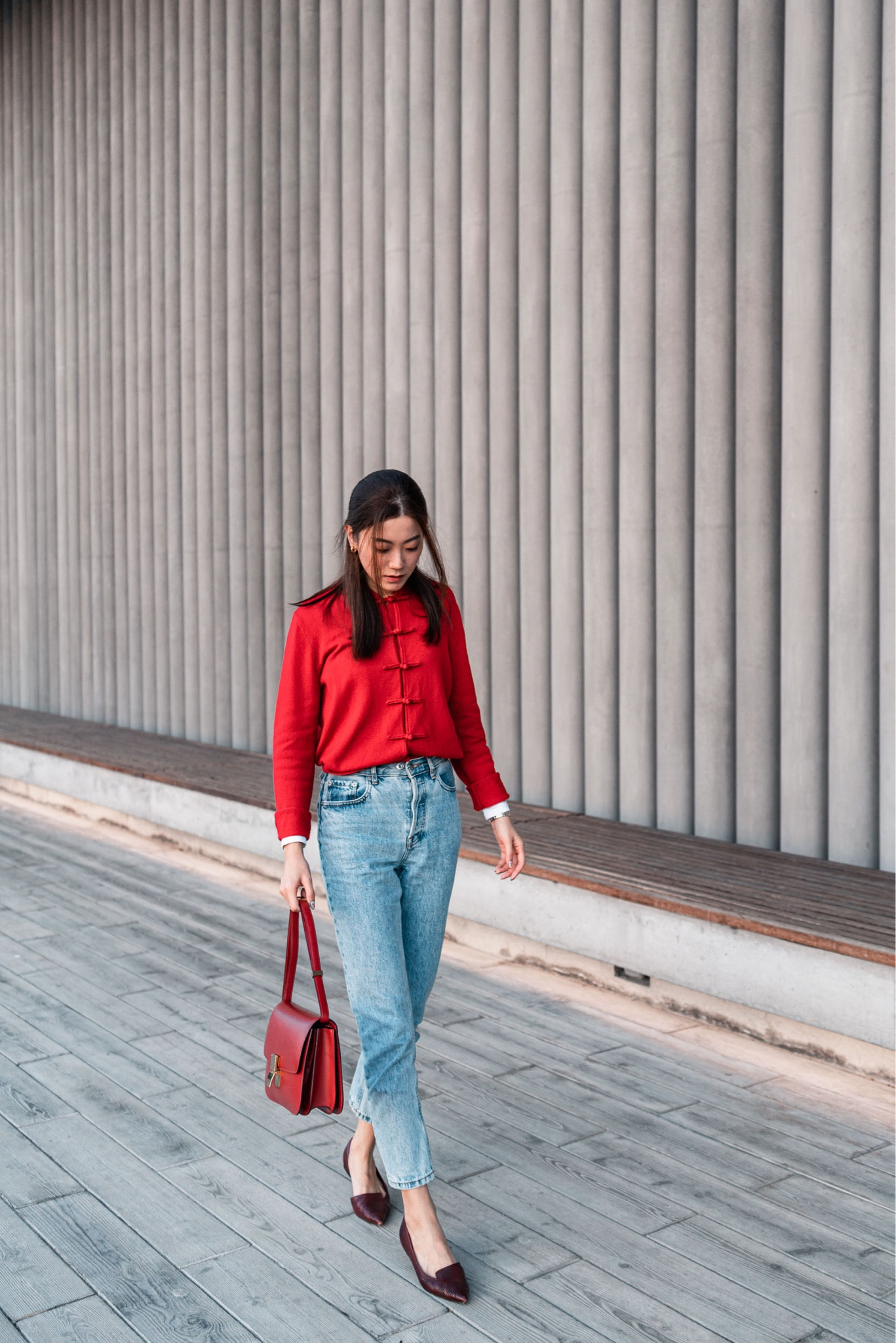 Becoming Carmen wearing red Tang jacket, Everlane washed blue cheeky jeans, Cole Haan burgundy flats, CELINE red classic box #chinesenewyear #lunarnewyear

#LTKunder100 #LTKSeasonal
