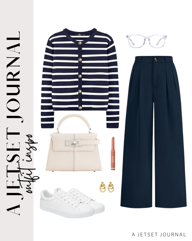 You can pair this striped cardigan with wide-leg dress pants and wear white tennis shoes from SERNIAL. These glasses will add some personality to this vibe. 

 #LTKSeasonal #LTKSaleAlert #LTKTravel