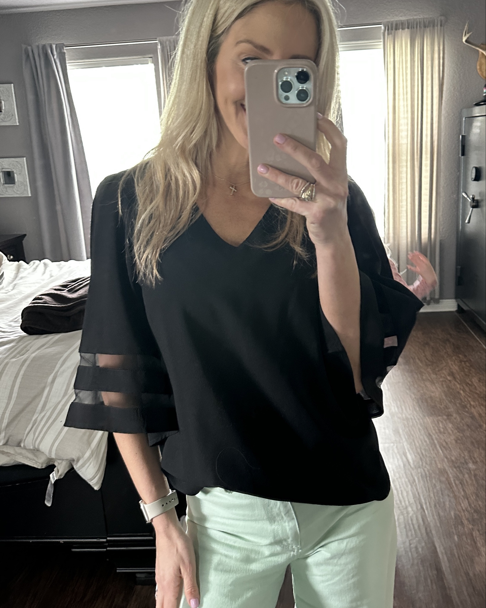 One of my favorite go to tops for work <teacher> I have this is so many colors! Love the material & length for a french tuck into my jeans 🖤 The mesh bands on the sleeves add for a nice different touch to the shirt #ltk #teacherstyle #amazonfashion 