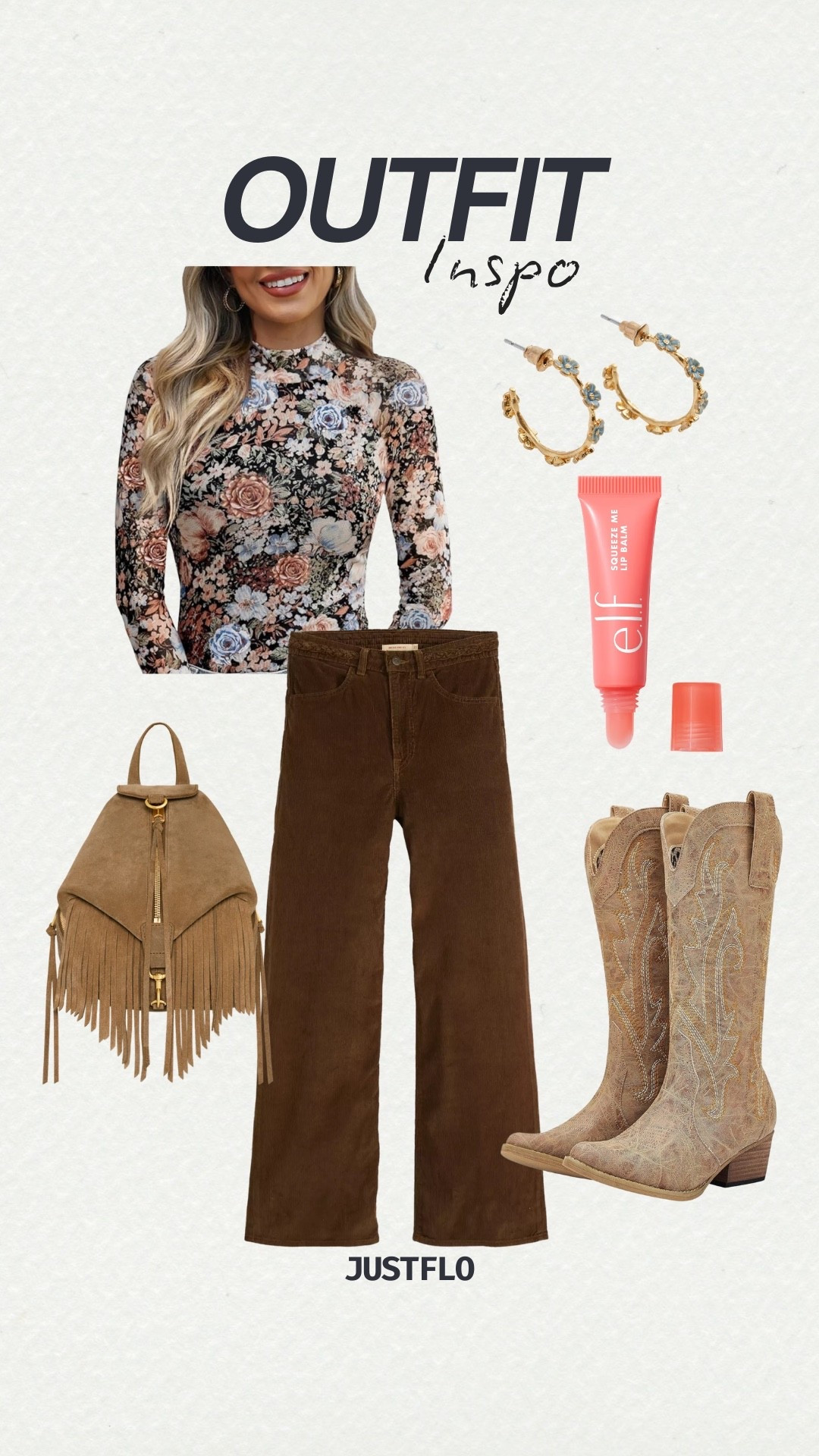 Yessss this one is giving western chic meets feminine floral and I’m obsessed 🤎🌸✨

This outfit is the perfect mix of soft + bold. The fitted floral mock neck top adds that romantic, vintage vibe while the chocolate brown wide-leg pants ground the look and make it feel elevated. Paired with neutral embroidered cowboy boots and a fringe backpack for that western touch 👢🤎

And let’s not forget the details… gold + blue statement hoops and the prettiest rosy lip stain to pull everything together 💄✨

This is such an easy transition outfit for:
• Rodeos or country concerts
• Girls brunch
• Casual date night
• Weekend shopping
• Travel days when you still want to look styled

Everything is linked in my LTK 🤎 Save this post for outfit inspo and tap to shop before pieces sell out!
#outfit #country #ootn #ootd #fashion #style 
#LTKStyle #LTKFinds #WesternChic #CountryOutfit #SpringStyle #FallTransition #AmazonStyle #AffordableFashion #JustFloStyle #LTKUnder100

#LTKootd #LTKWorkwear #LTKBeauty