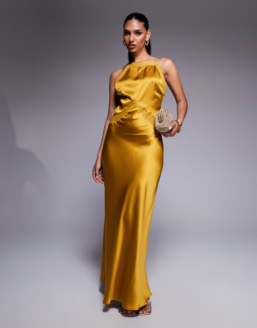 ASOS DESIGN – Hochgeschlossenes Maxikleid aus goldfarbenem Chiffon-Mix in Satinoptik mit eckigem Ausschnitt | ASOS (Global)