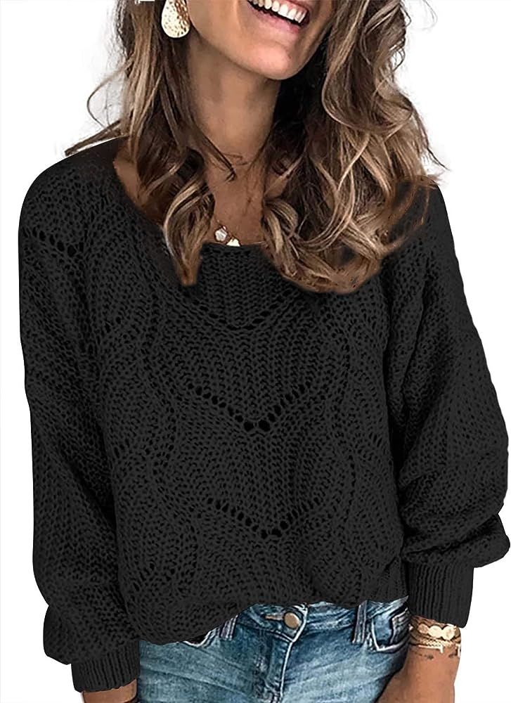 Dokotoo Womens Cute Soft Crewneck Long Sleeve Hollow Cable Knit Pullover Sweaters | Amazon (US)