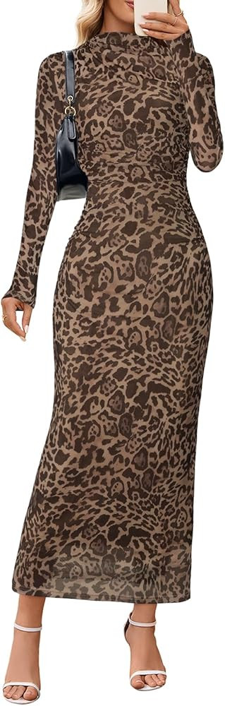 MEROKEETY Women's Long Sleeve Fall Wedding Guest Dress 2025 Bodycon Floral Mesh Ruched Cocktail M... | Amazon (US)