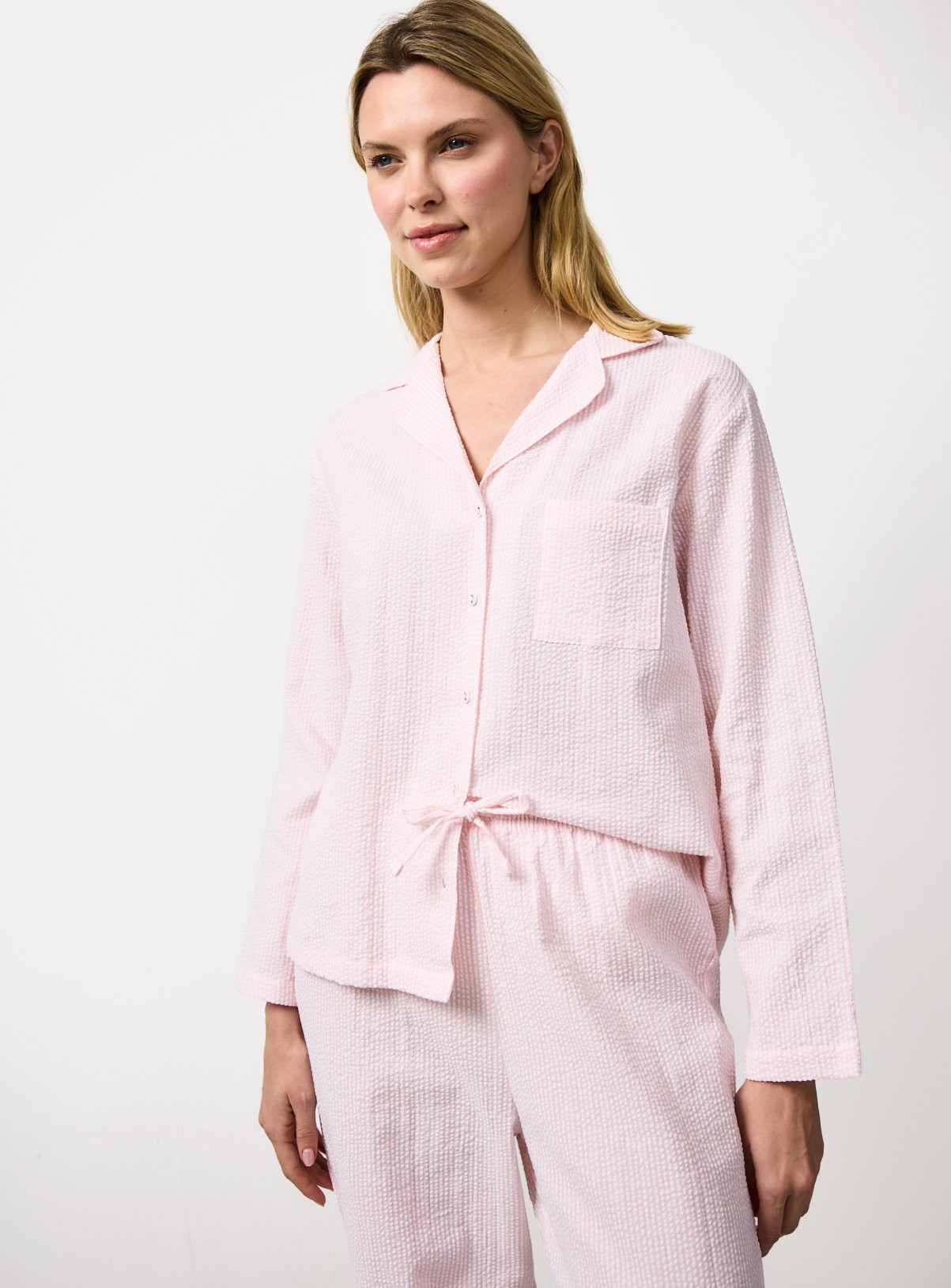 Pink Stripe Textured Seersucker Traditional Pyjamas | Tu Clothing