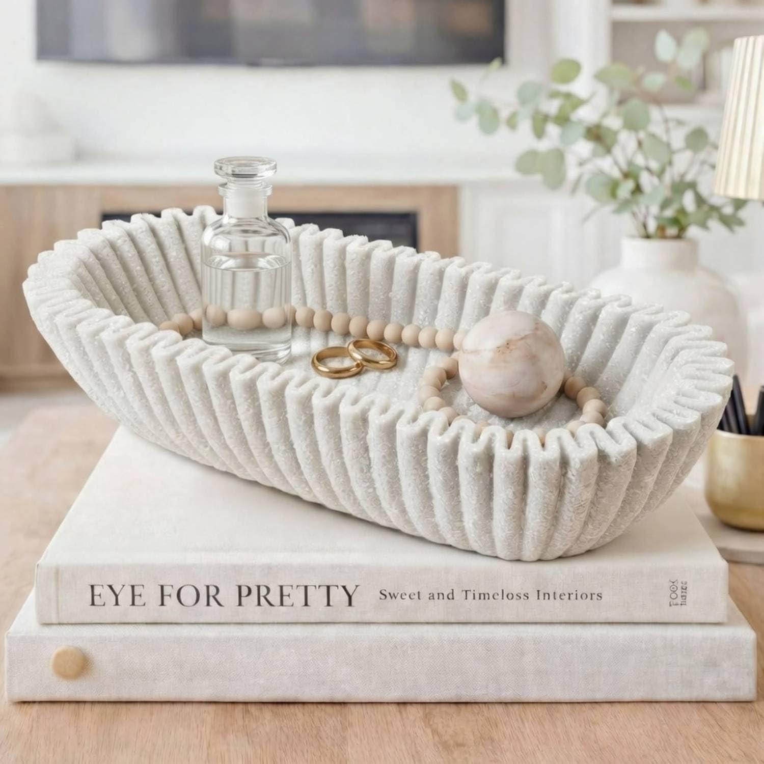 Large Decorative Bowl for Home Decor Long Dough Key Bowls Coffee Table Decor Centerpiece White Ruffle Scalloped Resin Modern Handicraft Bowl for Kitchen Counter Farmhouse Entryway | Amazon (US)