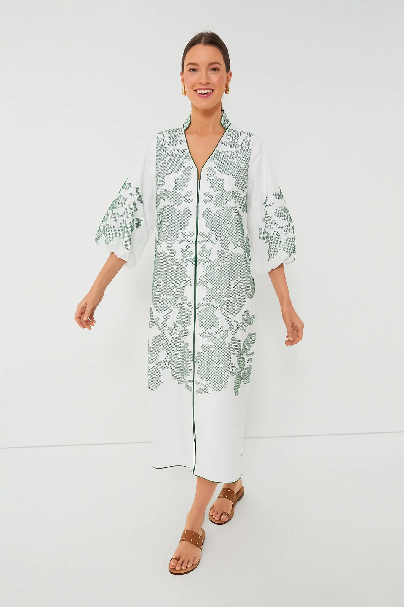 White & Green Embroidery Arem Caftan | Tuckernuck (US)