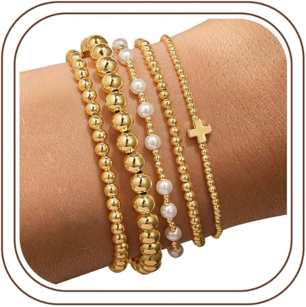Yoosteel Gold Beaded Bracelets Set for Women Teen Girl Gifts Non Tarnish - 14K Gold Plated Dainty... | Amazon (US)
