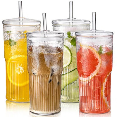 Glass Cups With Lids And Straws,Glasses Drinking Set Vintage Textured Clear Iced Coffee Cups With Lids,Reusable Glass Tumbler With Straw And Lid,(Tran | Wayfair North America