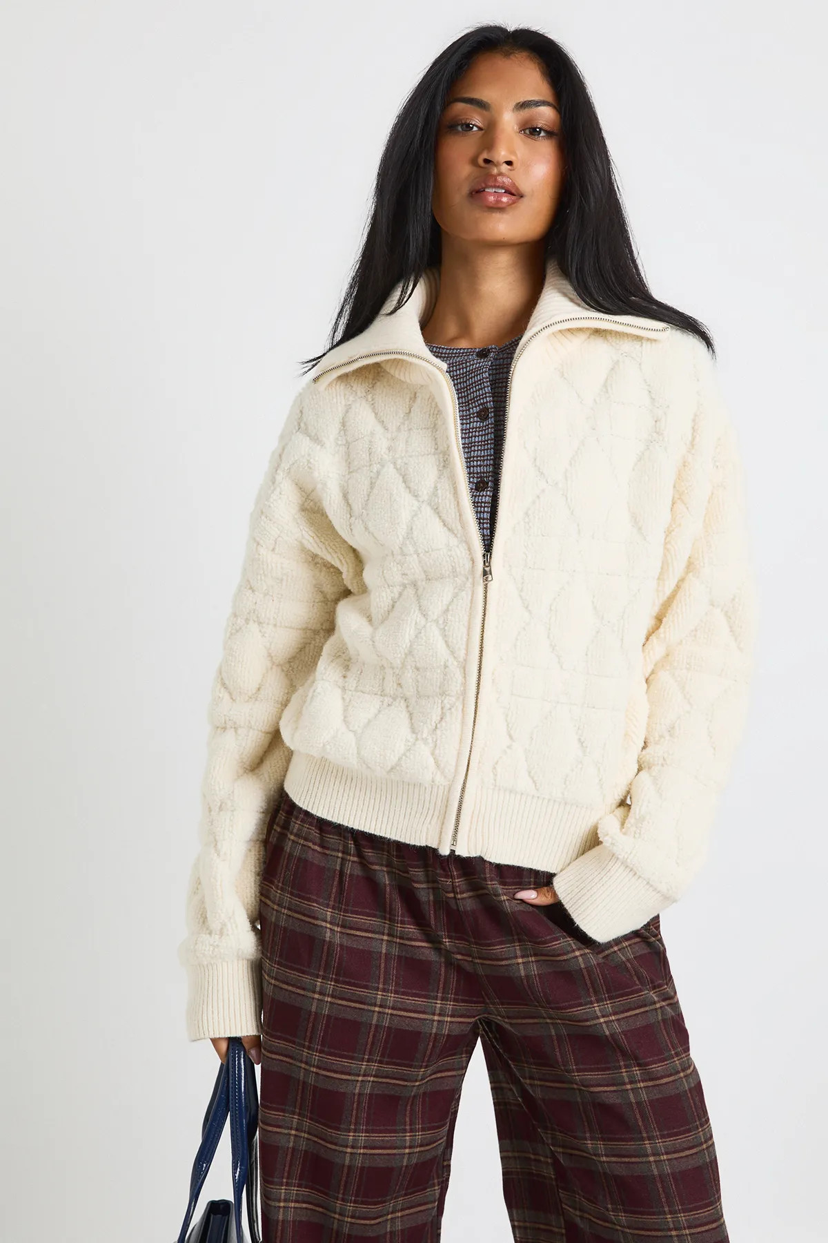 Textured Knit Zip Through Knittted Jumper | Boohoo.com (UK & IE)