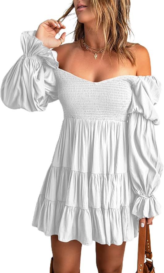 Dokotoo Womens 2024 Summer Spring Elegant Off The Shoulder V Neck Long Sleeve Ruffle Flowy Mini S... | Amazon (US)