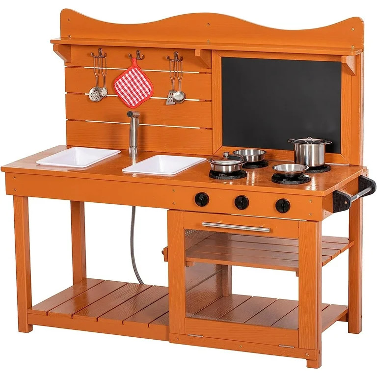 BRINJOY Kitchen Playset for Kids, Outdoor Wooden Mud Kitchen Set w/2 Removable Sinks & Spray Pipe... | Walmart (US)