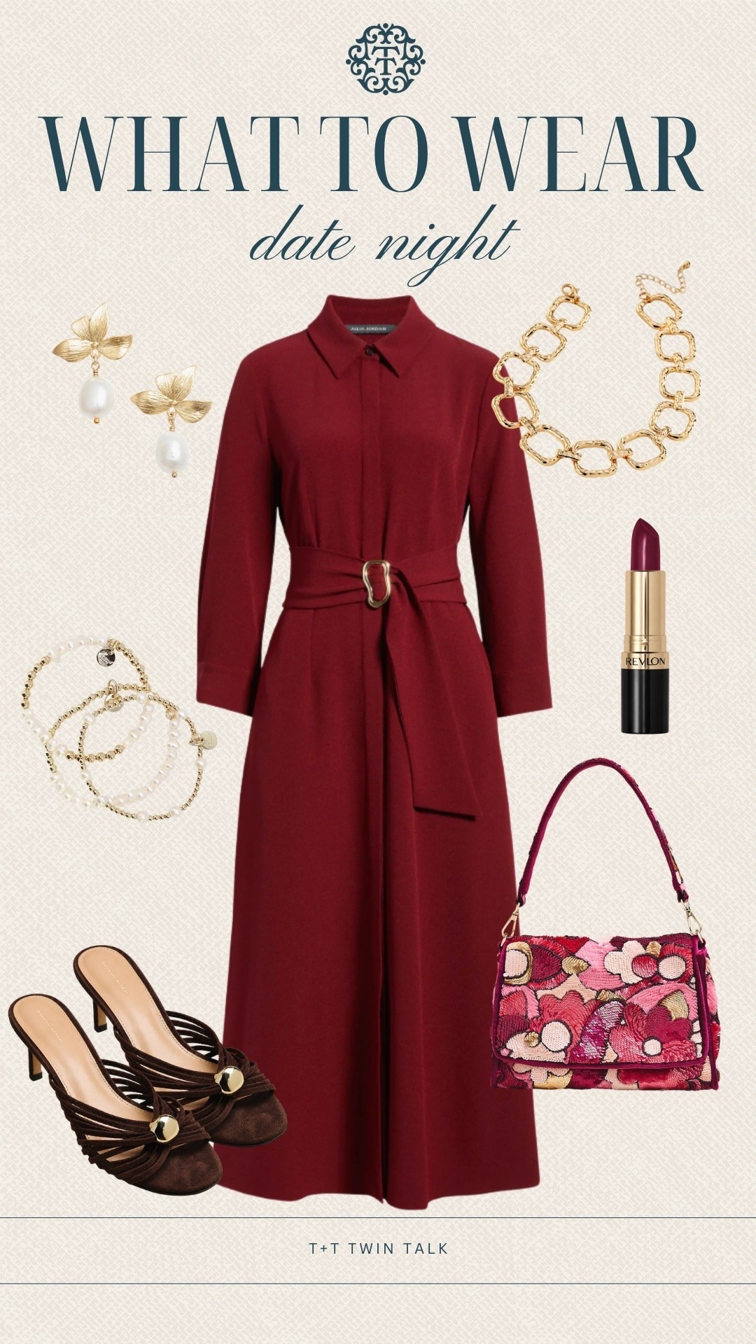 What to wear from T+T! We’re loving this burgundy Nordstrom dress paired with gold jewelry, brown heels, and a fun floral bag for date night. The pop of pink on the bag adds the perfect touch to this look.

#LTKSeasonal #LTKOver40 #LTKMidsize