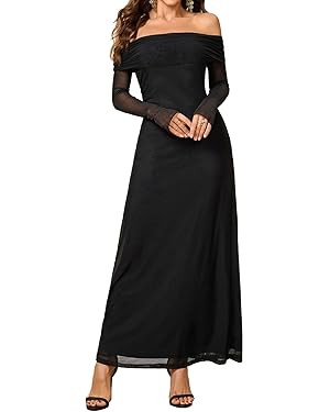 Colysmo Women Long Sleeve Mesh Off Shoulder Bodycon Maxi Dress Formal Wedding Guest Fall Dresses ... | Amazon (US)