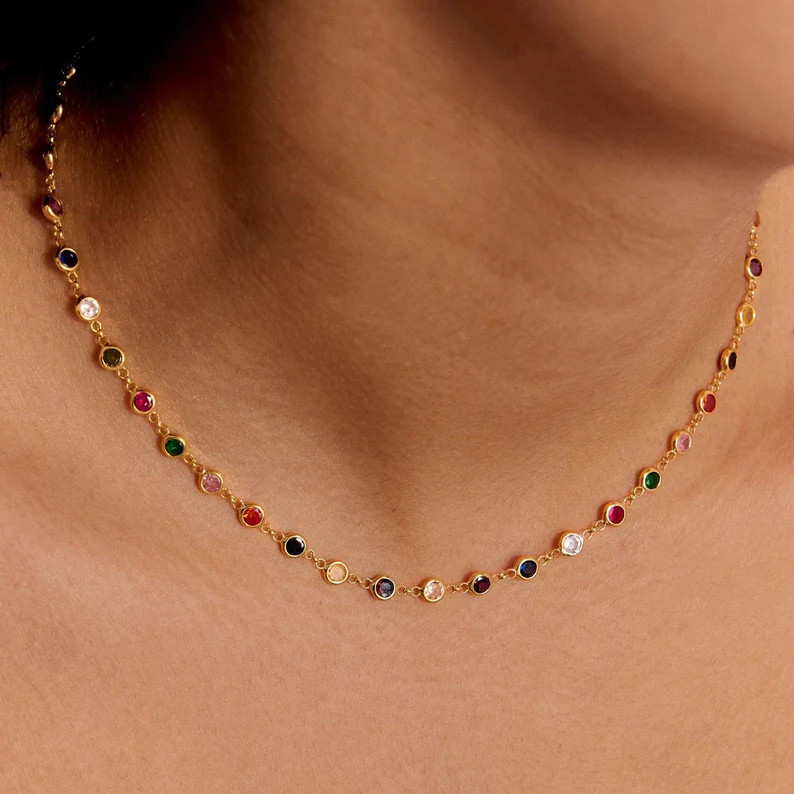Dainty Sterling Silver Multi-stone Necklace, Colorful Cubic Zirconia Charm, Summer Jewelry Christ... | Etsy (US)