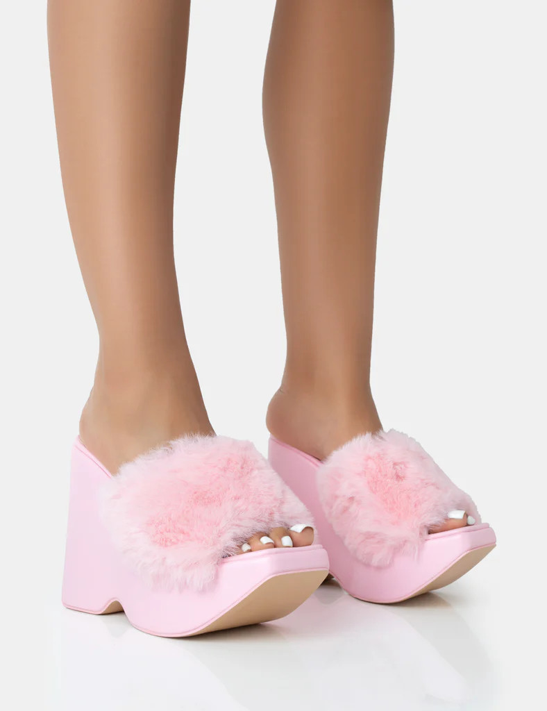 Cutie Pink Faux Fur Platform Wedge Heels | Public Desire